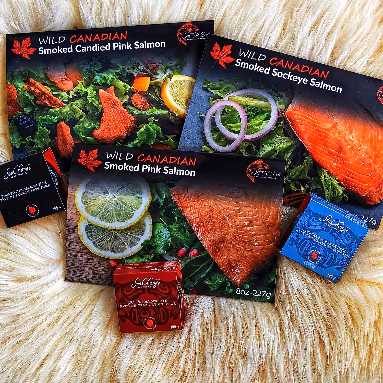 Smoked Salmon Food Gift Pack Featuring Wild Canadian Salmon, Lobster Spread, Crab Pate and Salmon Spread