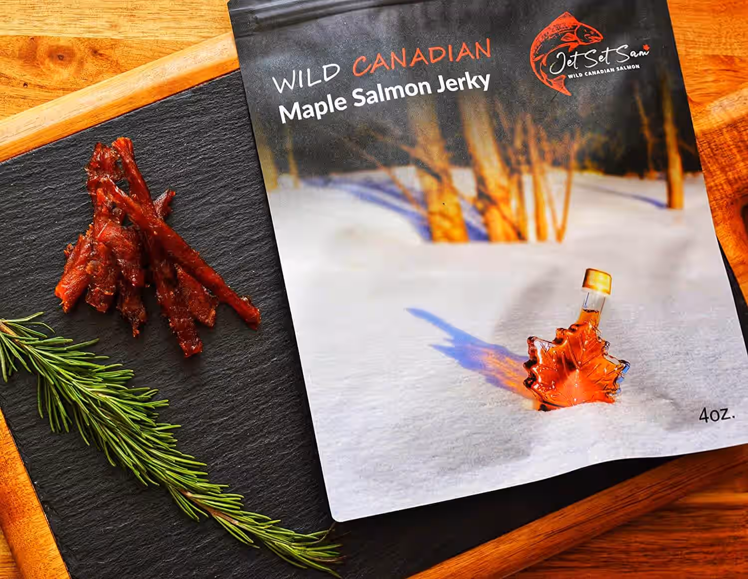 4 Pack Wild Canadian Smoked Salmon Jerky 4 oz Packs - Original, Spicy, Teriyaki and Maple Flavor