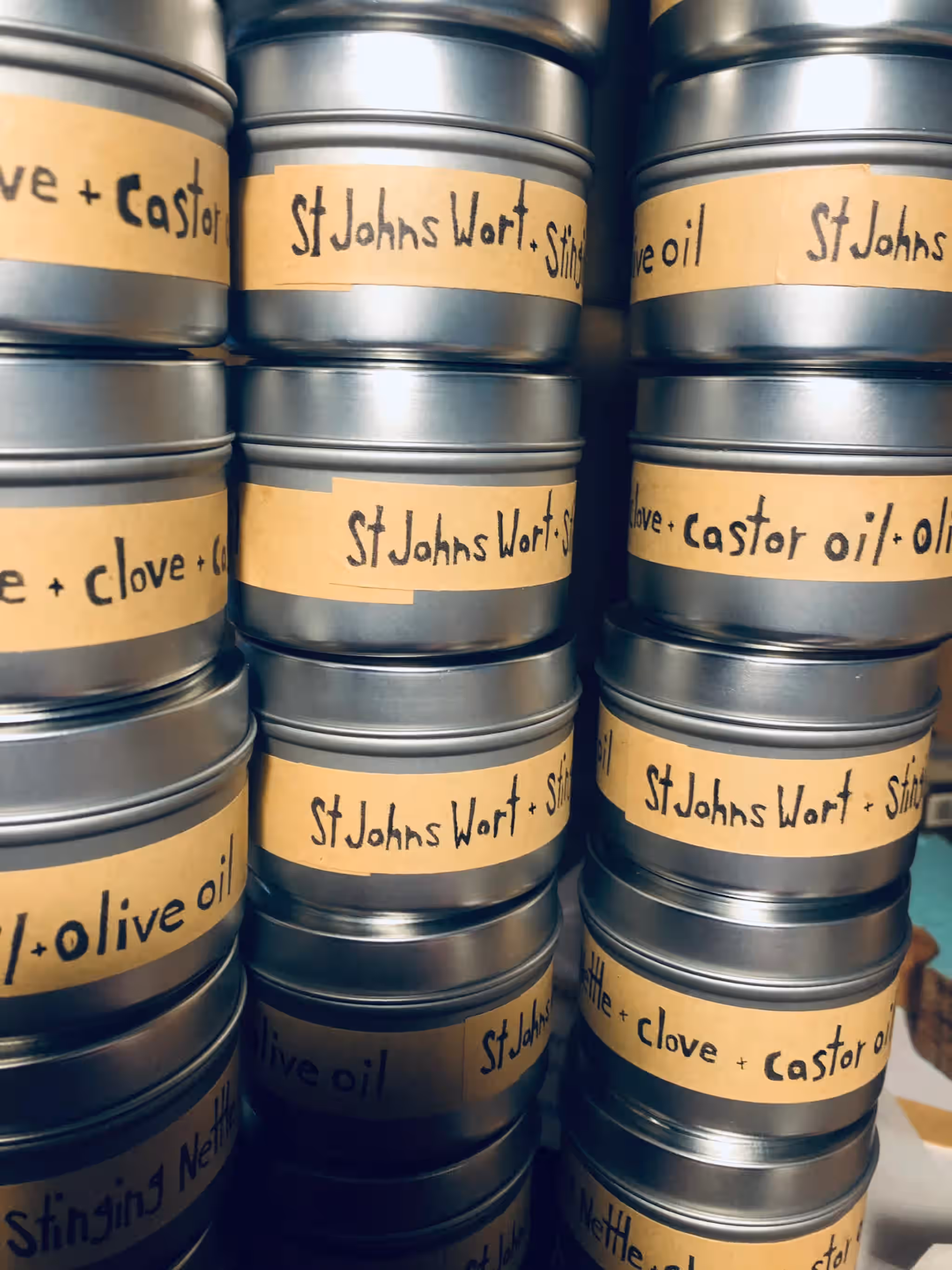 all natural pain salve- saint johns wort, nettle seed, clove, castor oil
