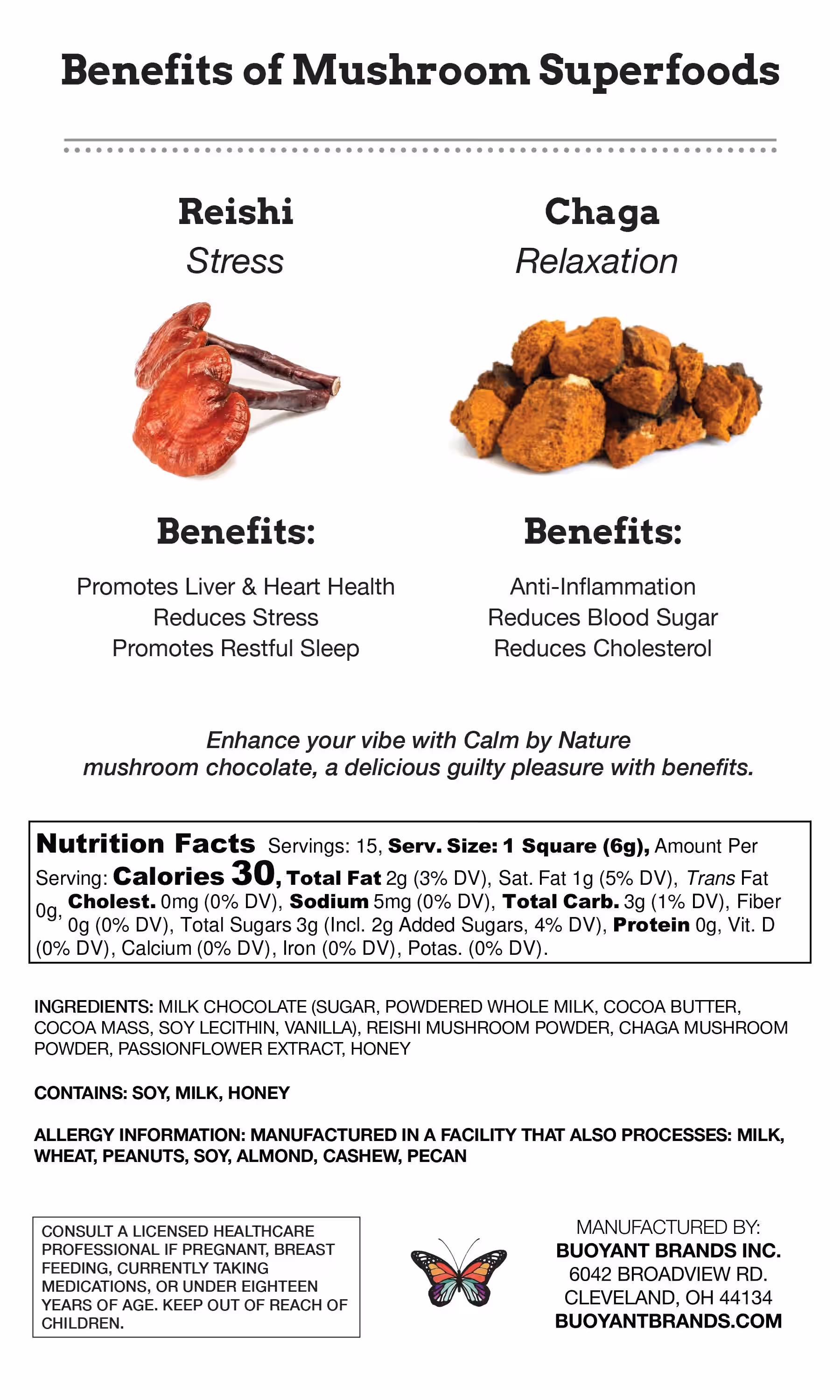 CALM BY NATURE: Reishi & Chaga Mushroom Chocolate Bar (Milk and Dark)